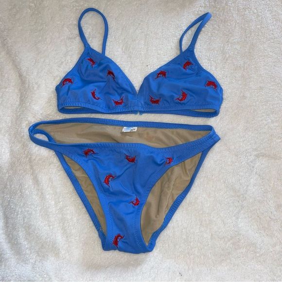 J. Crew Swim Blue And Red Jcrew Bikini With Embroidered Crawfish